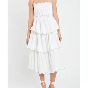 SCALLOP SLEEVELESS TIERED DRESS (white with rainbow stitching)